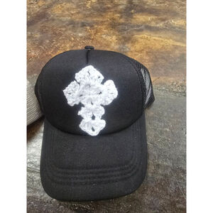 Trucker Hat Adjustable Black with handmade White Cross that glows in dark